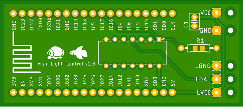 A render of the breakout board sent to manufacturing